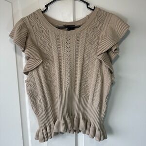 Express Flutter Sleeve‎ Sweater Top Vest Pointelle Ruffle Flattering Tan Boho XL